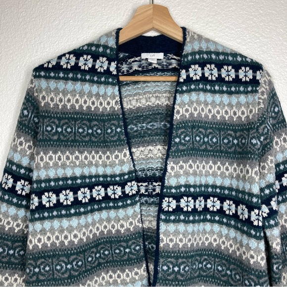 J. Jill Long Cardigan Fair Isle Patch Pocket Open Front Duster Small Petite Blue - Picture 7 of 16